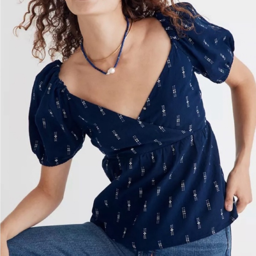 Madewell Blue Jacquard Puff Sleeves Boho Top Blouse